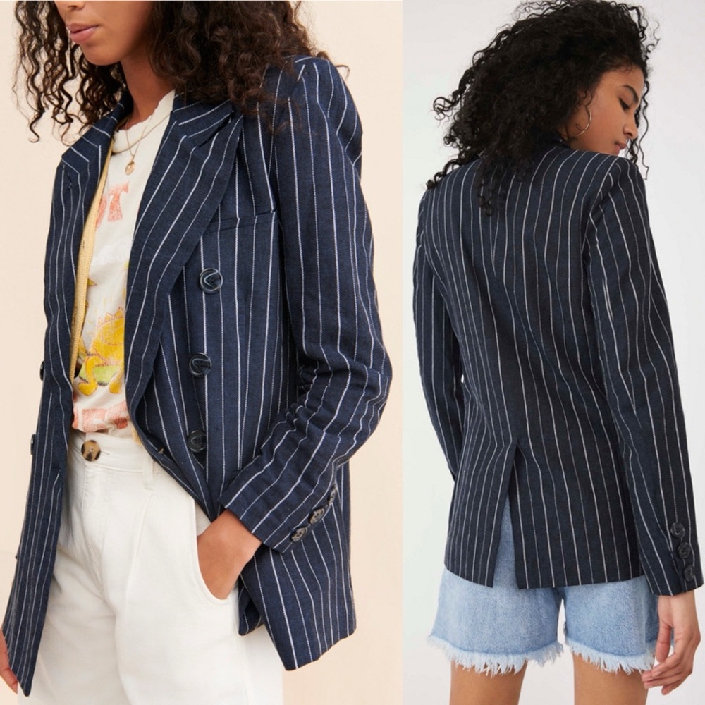 Free People | Ashby Double Breasted Blazer in Navy Pinstripe XS